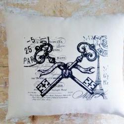 Paris Pillow, Skeleton Keys, Eiffel Tower, French Country Home, French Decor, Cottage Decor